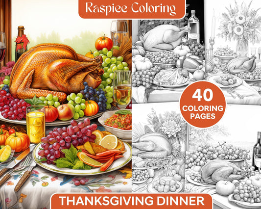 Thanksgiving Dinner Grayscale Coloring Pages for Adults, Relaxing Fall Coloring Sheets, Printable PDF File Instant Download
