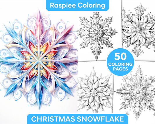 50 Christmas Snowflake Grayscale Coloring Pages for Adults, Printable PDF Instant Download