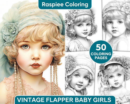 50 Vintage Flapper Baby Girls Grayscale Coloring Pages for Adults, Printable PDF Instant Download