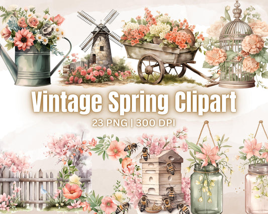 Vintage Spring Watercolor Clipart Bundle, 23 PNG High-Res Files for Commercial Use