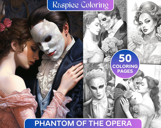 Phantom of the Opera Grayscale Coloring Pages Printable for Adults, PDF File Instant Download