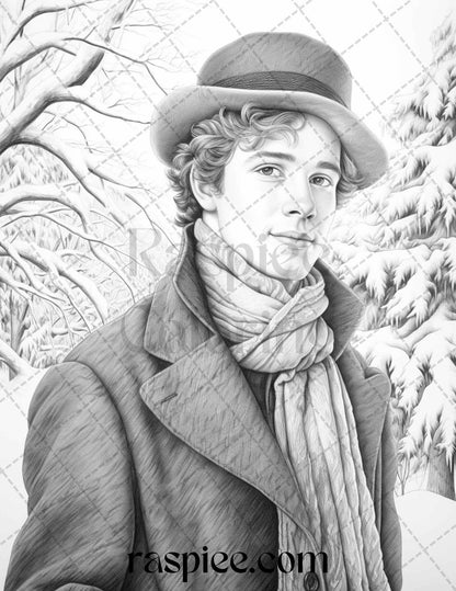 60 Victorian Winter Portrait Grayscale Coloring Pages Printable for Adults, PDF File Instant Download