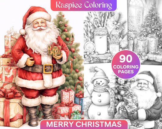 90 Merry Christmas Grayscale Coloring Pages Printable for Adults, PDF File Instant Download
