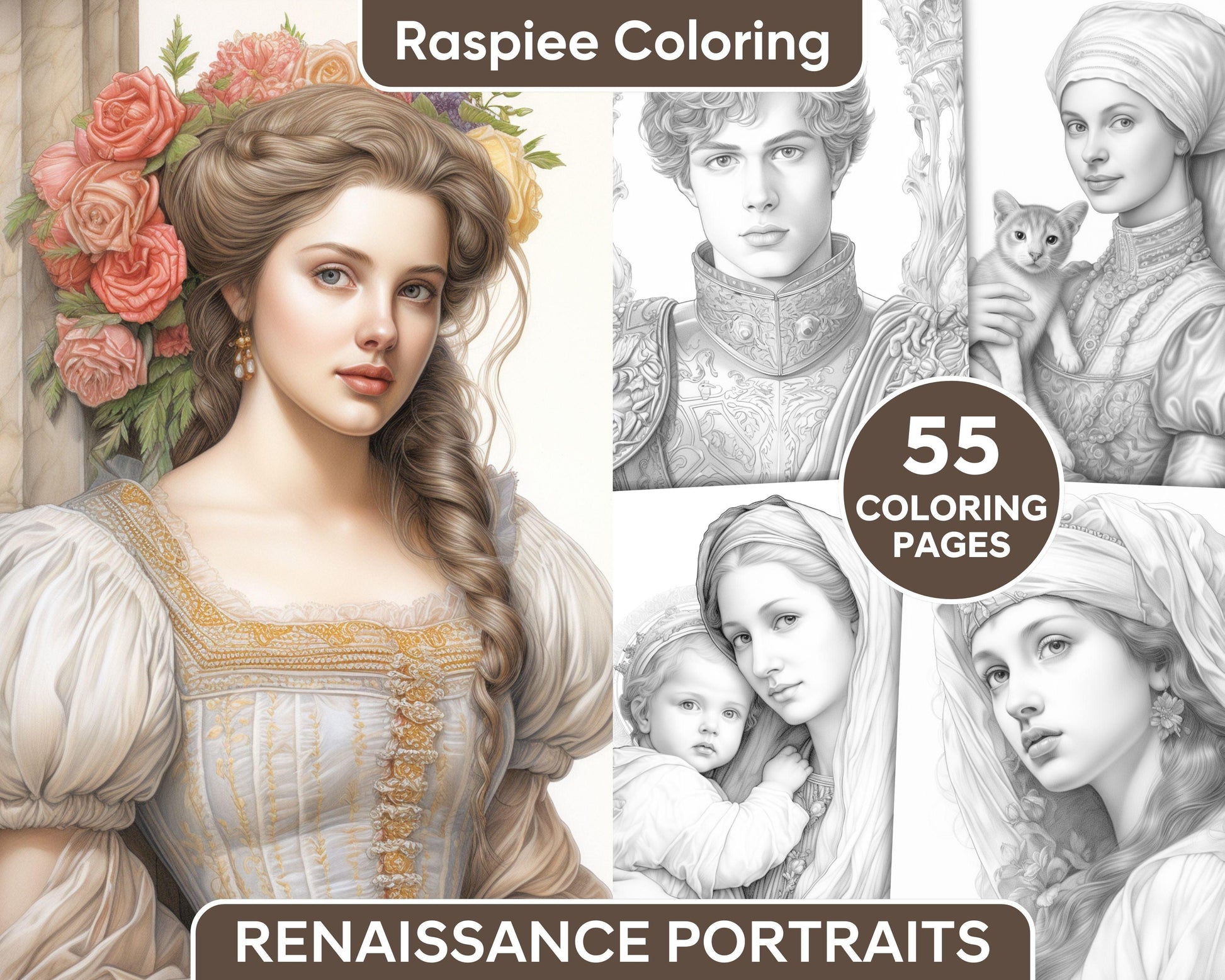 55 Renaissance Portraits Grayscale Adult Coloring Pages, Printable PDF Instant Download