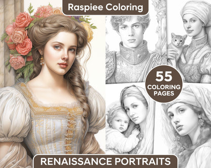 55 Renaissance Portraits Grayscale Adult Coloring Pages, Printable PDF Instant Download