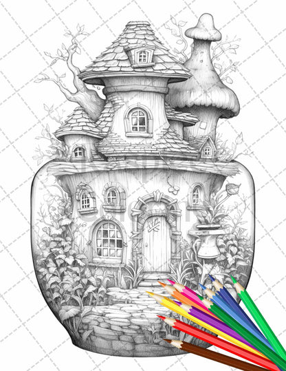 Fairy House in Jar Grayscale Coloring Pages Printable for Adults, PDF File Instant Download