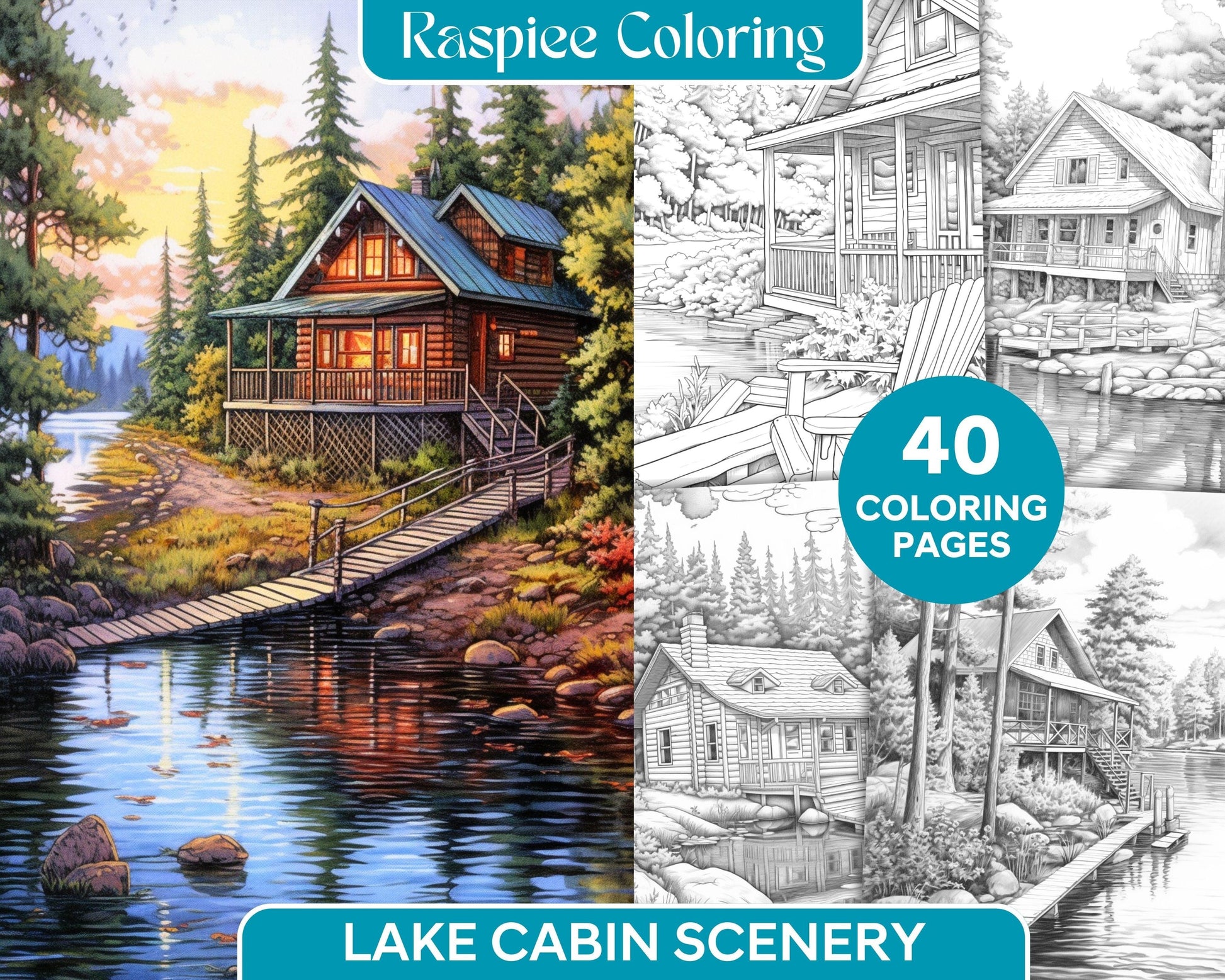 Lake Cabin Scenery Grayscale Coloring Pages Printable for Adults, PDF File Instant Download
