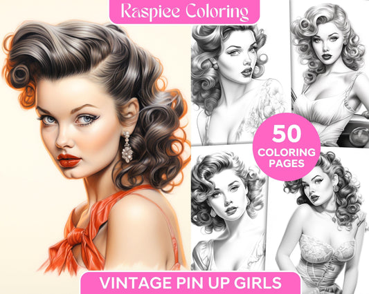 50 Vintage Pin Up Girls Grayscale Coloring Pages Printable for Adults, PDF File Instant Download
