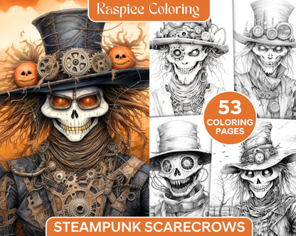 53 Scary Steampunk Scarecrows Grayscale Coloring Pages Printable for Adults, PDF File Instant Download