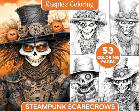 53 Scary Steampunk Scarecrows Grayscale Coloring Pages Printable for Adults, PDF File Instant Download