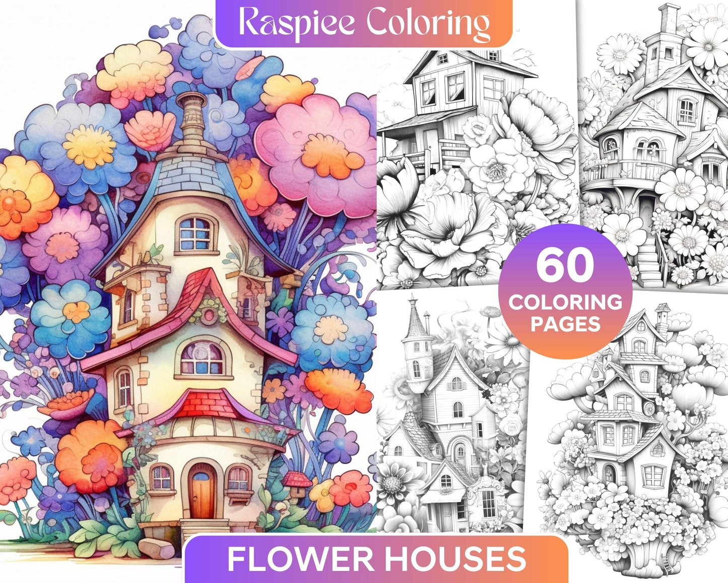 60 Flower Houses Grayscale Coloring Pages Printable for Adults, PDF File Instant Download