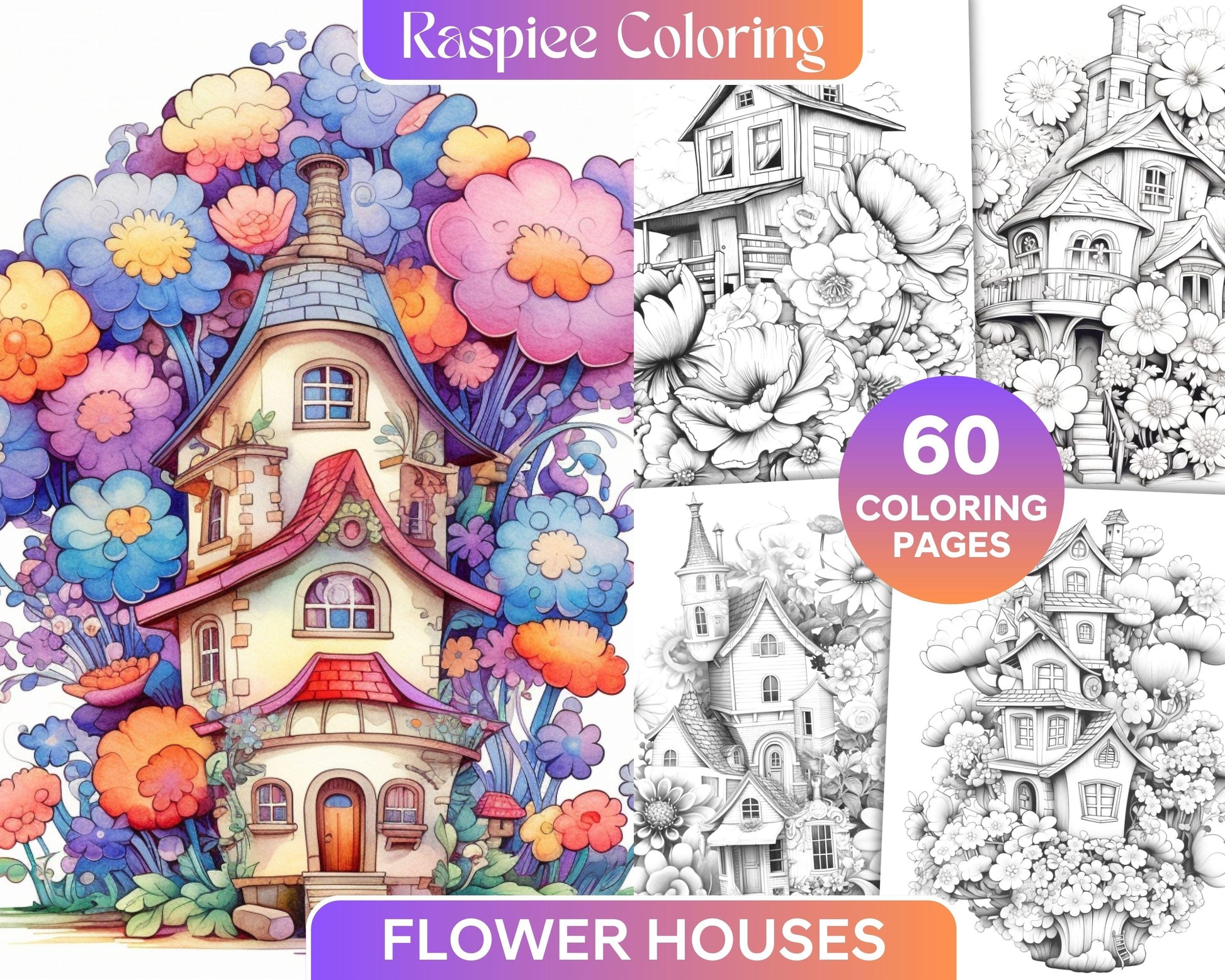 60 Flower Houses Grayscale Coloring Pages Printable for Adults, PDF File Instant Download