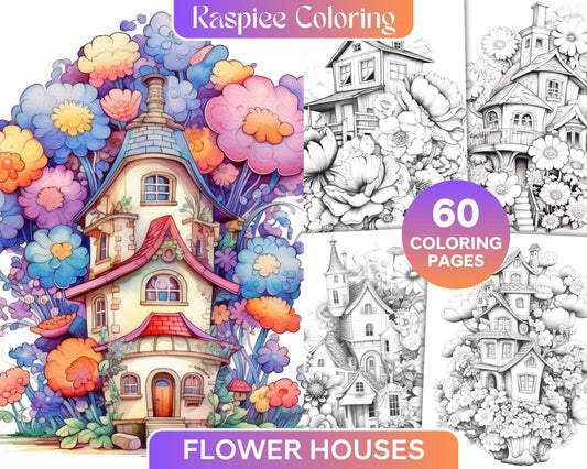 60 Flower Houses Grayscale Coloring Pages Printable for Adults, PDF File Instant Download