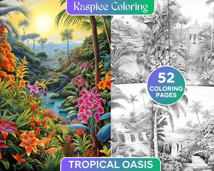 52 Tropical Oasis Grayscale Coloring Pages Printable for Adults, PDF File Instant Download