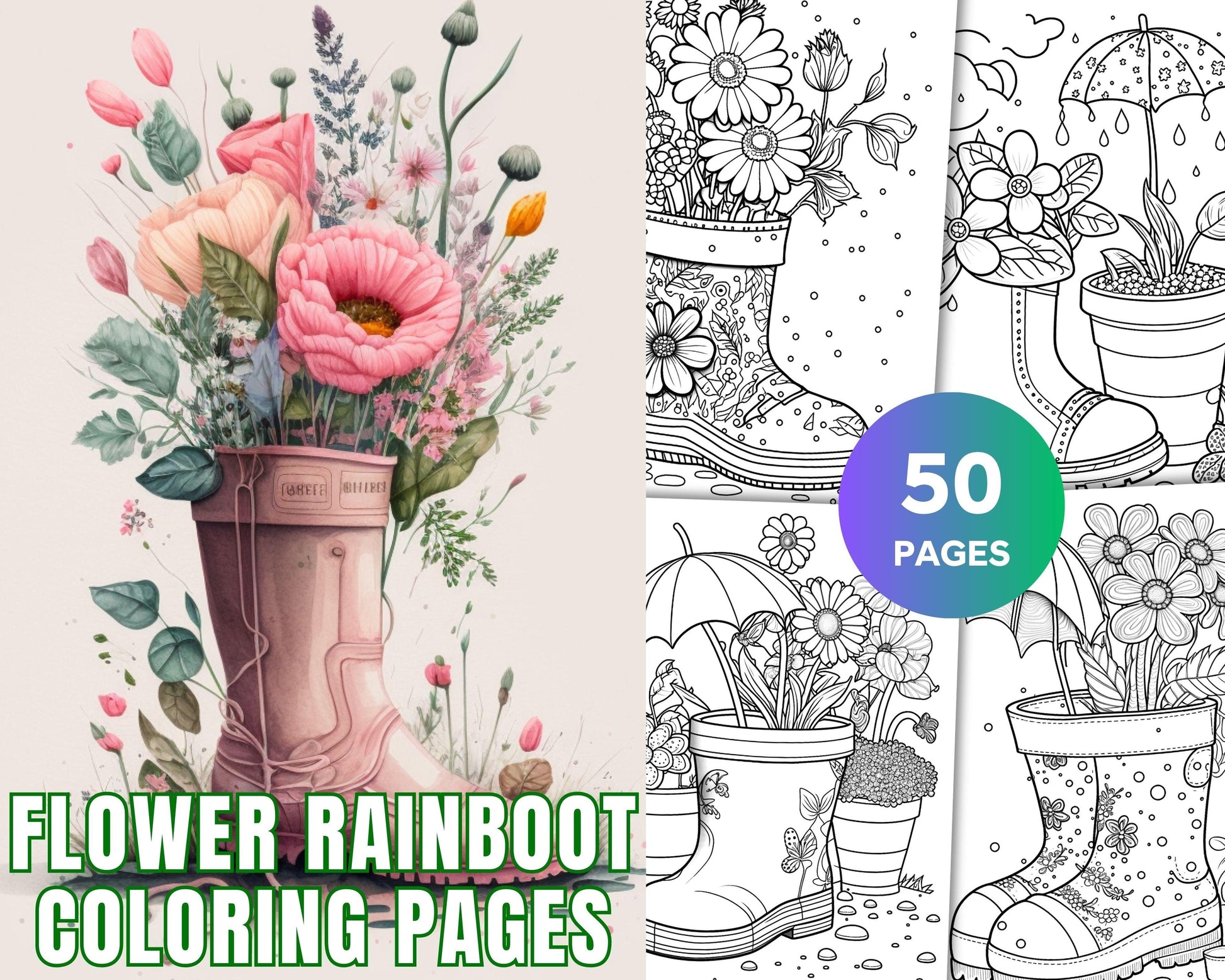 50 Printable Flower Rainboot Coloring Pages for Adults, Floral Grayscale Coloring Page, Printable PDF File Download