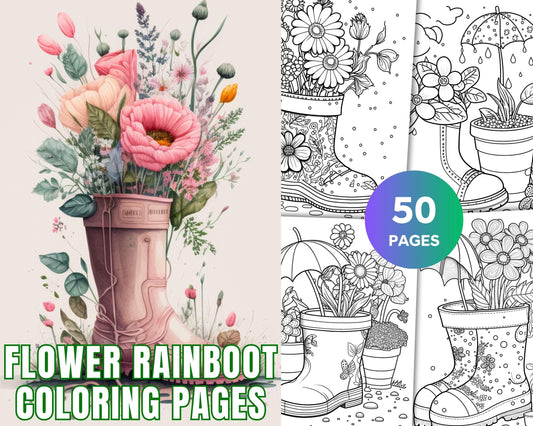 50 Printable Flower Rainboot Coloring Pages for Adults, Floral Grayscale Coloring Page, Printable PDF File Download