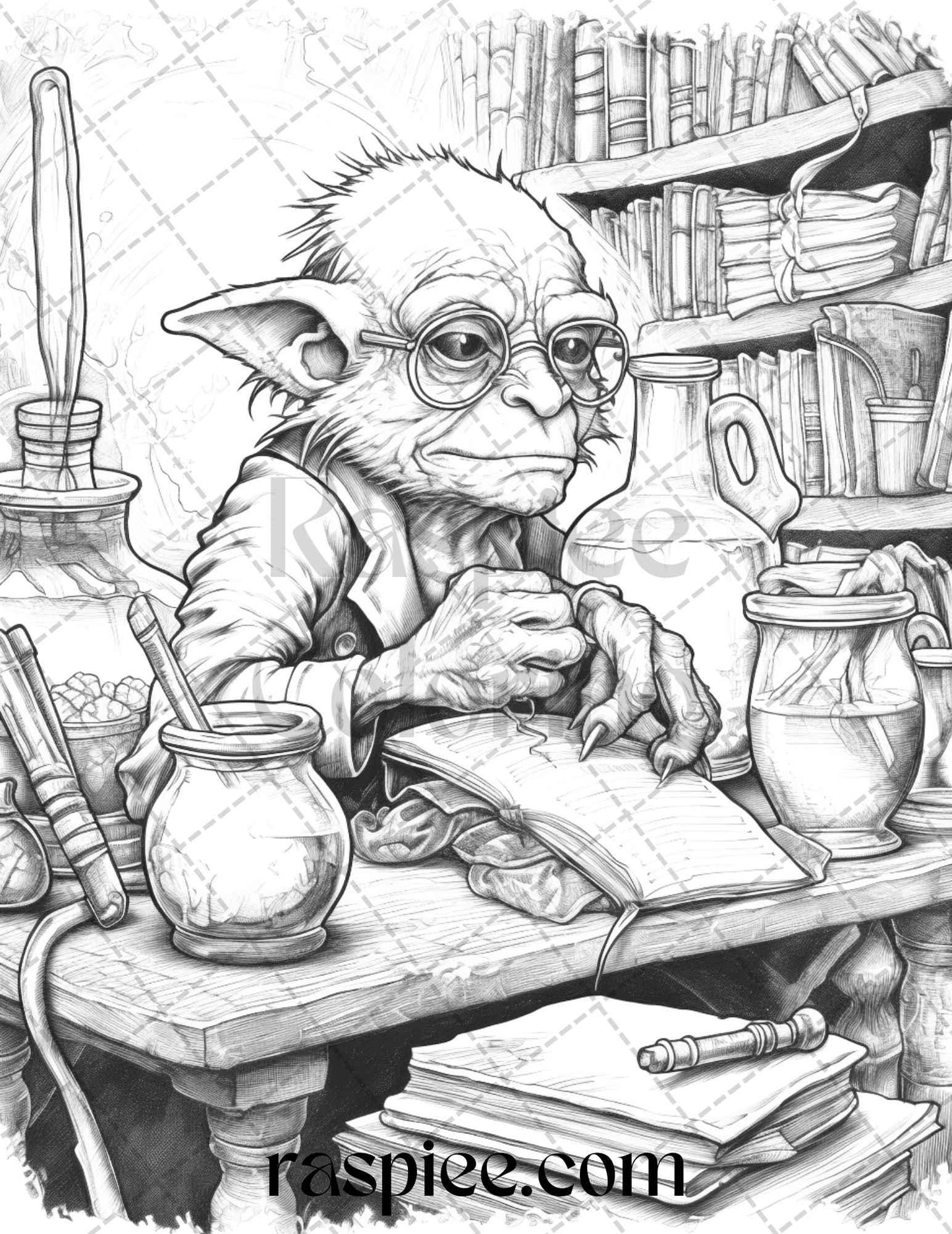 Fantasy Goblins Grayscale Coloring Pages Printable for Adults, PDF File Instant Download