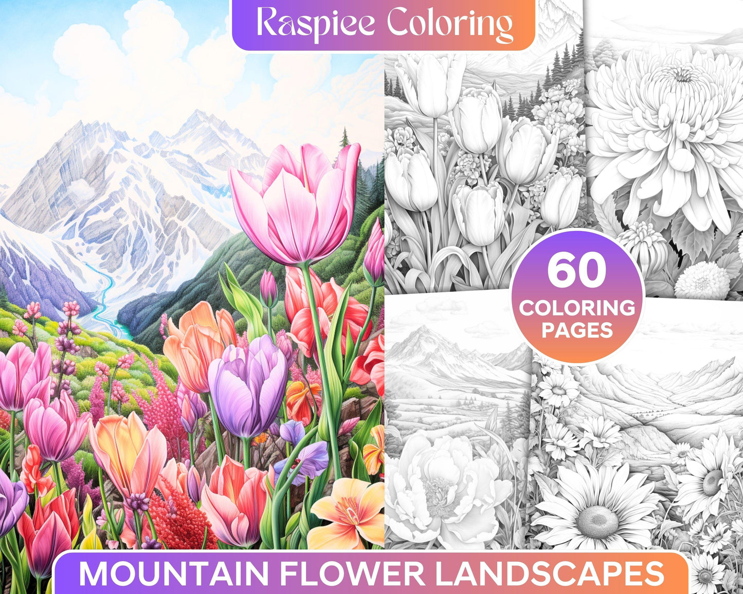 60 Mountain Flower Landscapes Grayscale Coloring Pages Printable for Adults, PDF File Instant Download