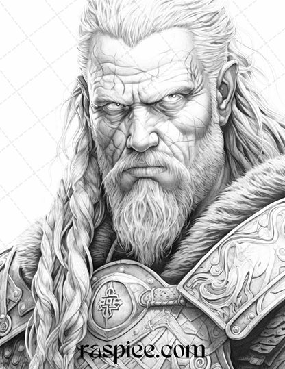 55 Viking Warriors Portrait Grayscale Coloring Pages Printable for Adults, PDF File Instant Download