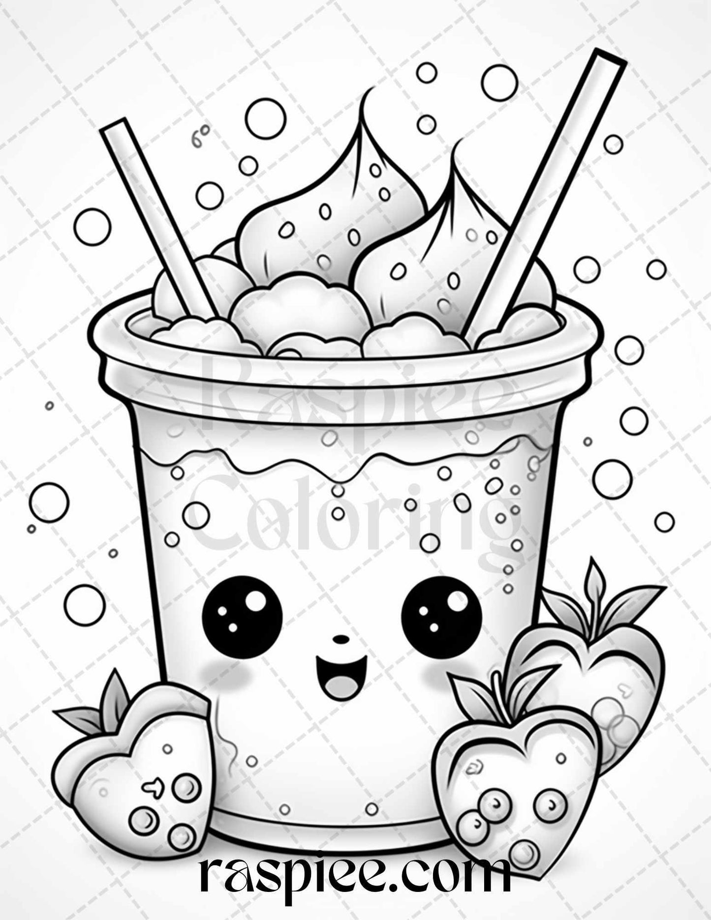50 Cute Kawaii Boba Tea Grayscale Coloring Pages for Adults and Kids, Printable PDF File Instant Download
