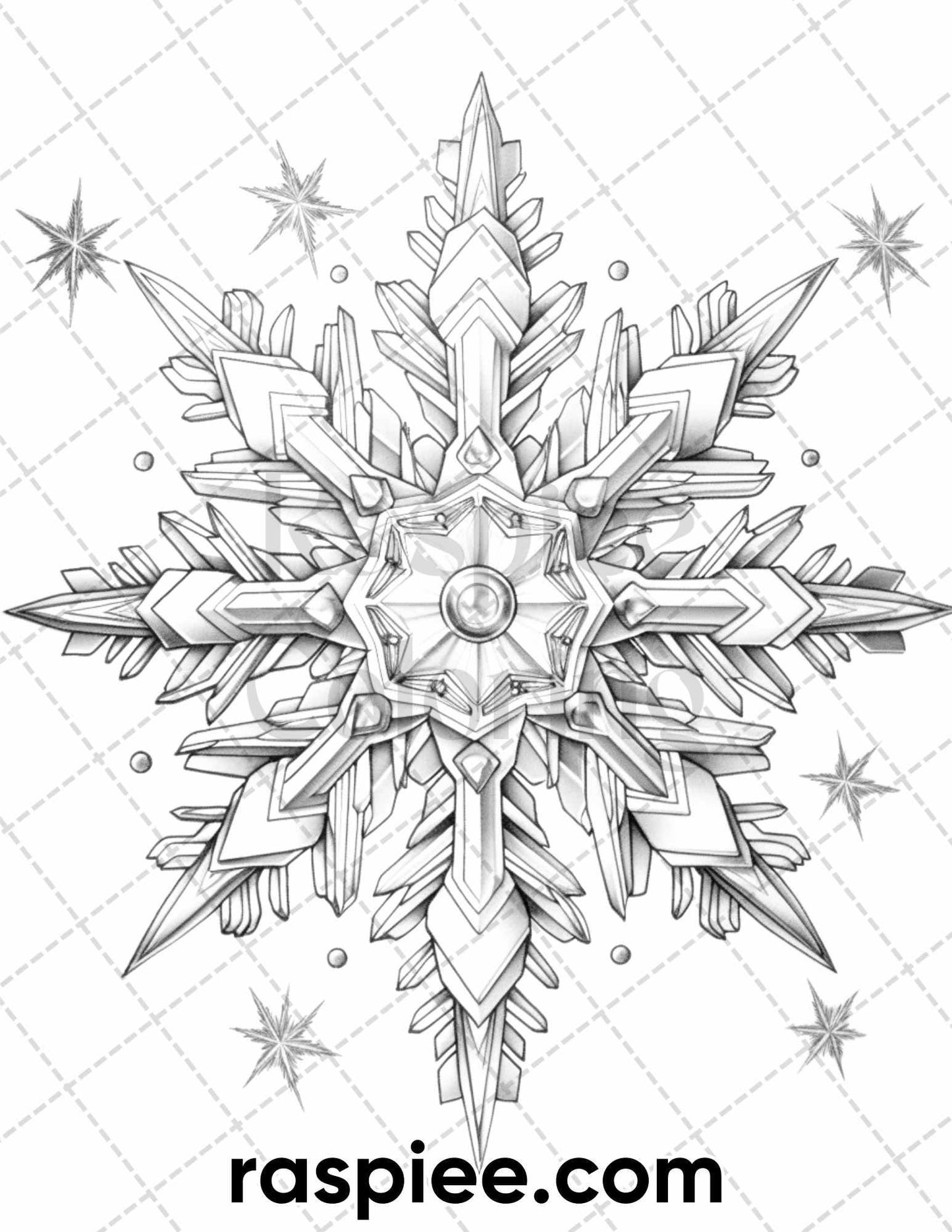 50 Christmas Snowflake Grayscale Coloring Pages for Adults, Printable PDF Instant Download