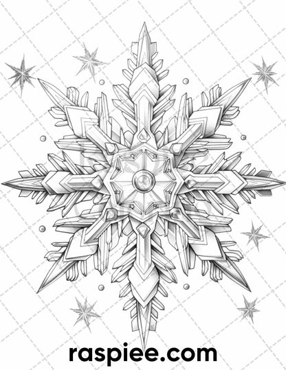 50 Christmas Snowflake Grayscale Coloring Pages for Adults, Printable PDF Instant Download