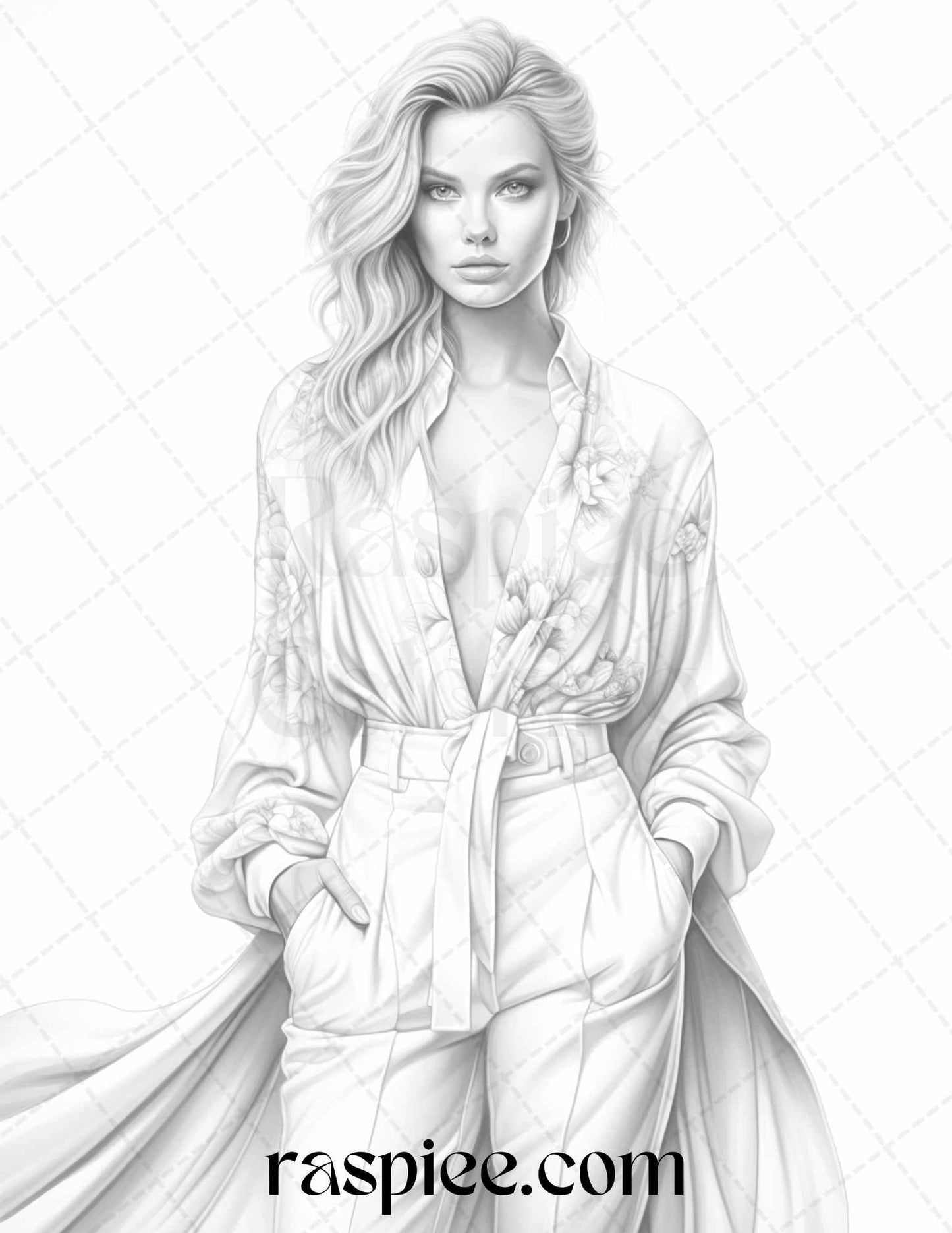 Fashion Show Grayscale Coloring Pages Printable for Adults, PDF File Instant Download