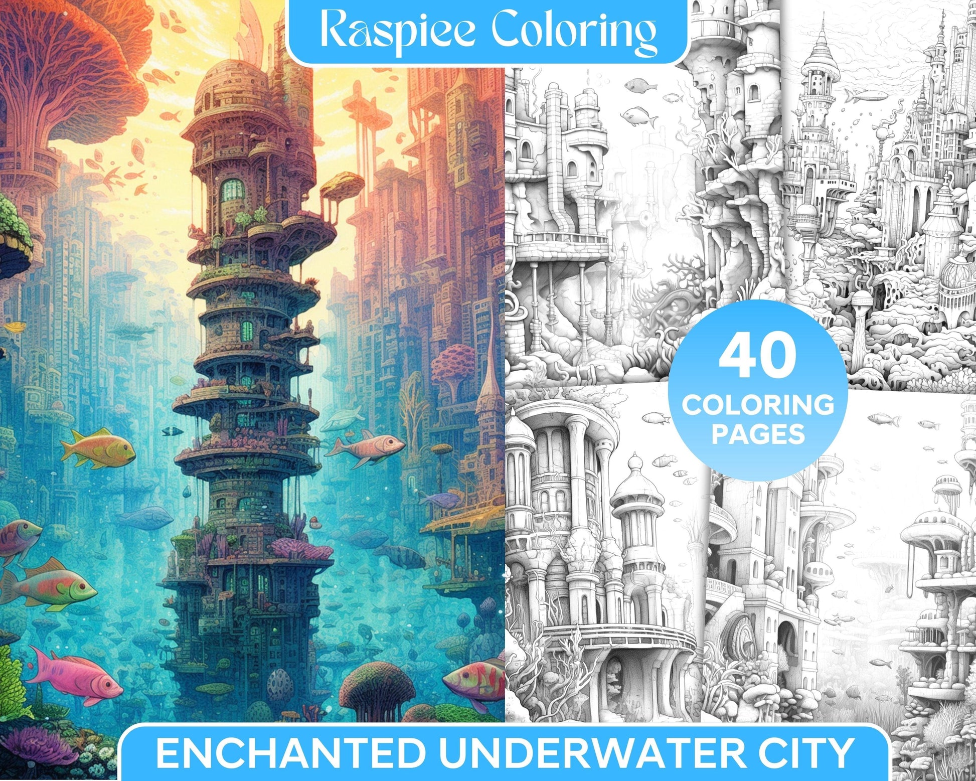 Enchanted Underwater City Grayscale Coloring Pages Printable for Adults, PDF File Instant Download