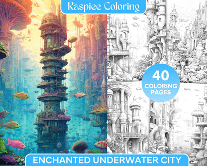 Enchanted Underwater City Grayscale Coloring Pages Printable for Adults, PDF File Instant Download