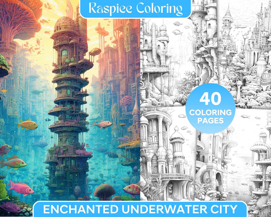 Enchanted Underwater City Grayscale Coloring Pages Printable for Adults, PDF File Instant Download