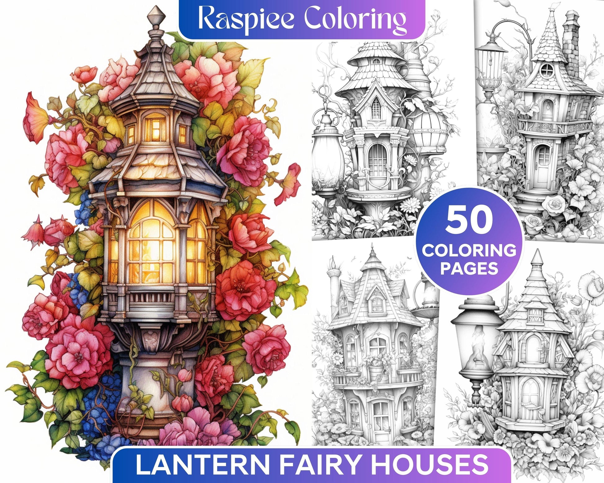 50 Lantern Fairy Houses Grayscale Coloring Pages Printable for Adults, PDF File Instant Download