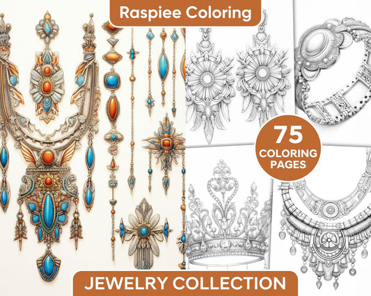 75 Exquisite Jewelry Collection Grayscale Coloring Pages for Adults, Printable PDF Instant Download