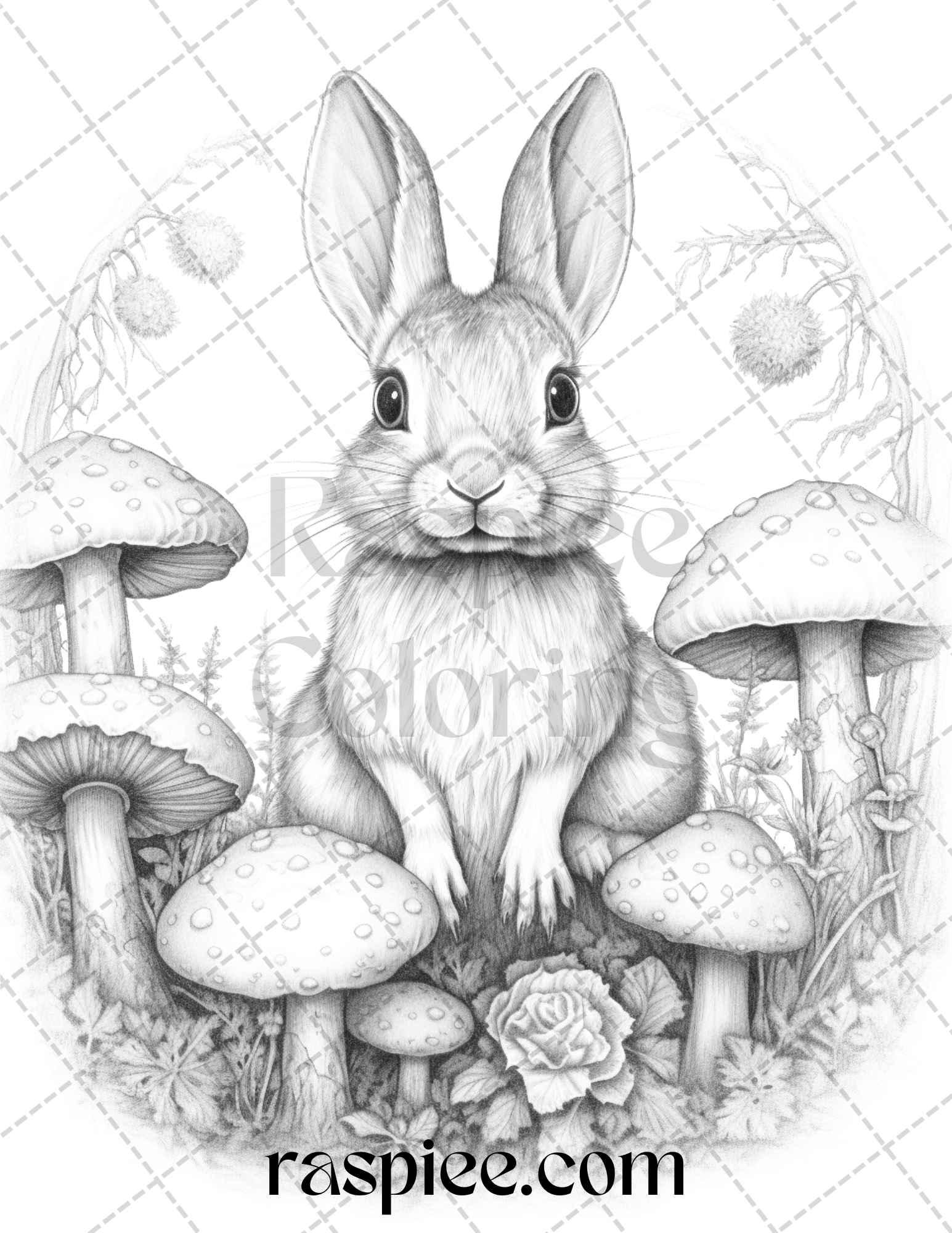 50 Rabbit Garden Grayscale Coloring Pages Printable for Adults, PDF File Instant Download