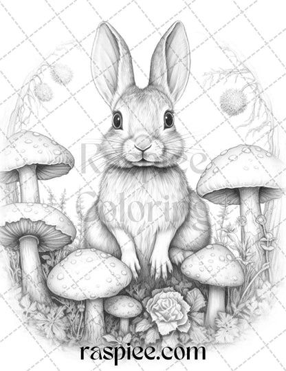 50 Rabbit Garden Grayscale Coloring Pages Printable for Adults, PDF File Instant Download