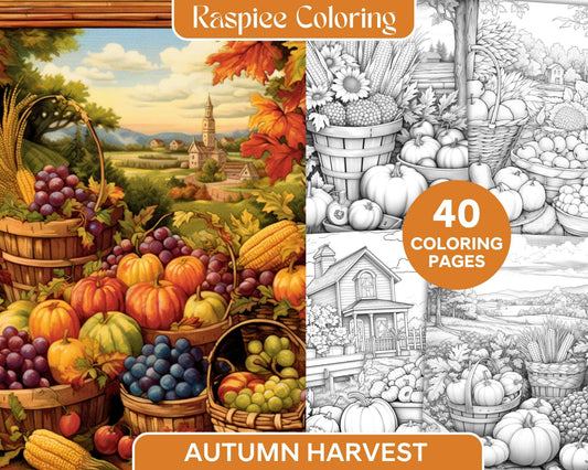 Autumn Harvest Grayscale Coloring Pages Printable for Adults, Relaxing Fall Themed Art, PDF File Instant Download