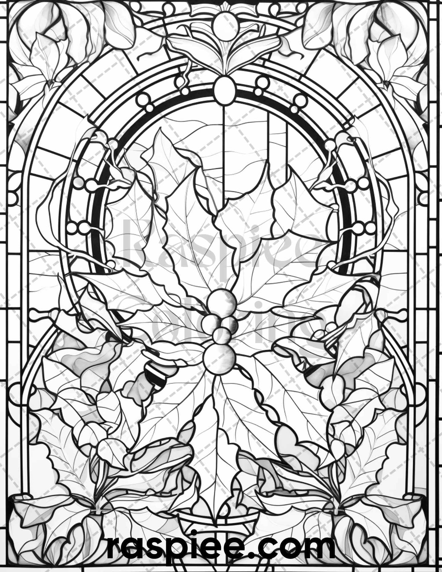 50 Christmas Stained Glass Grayscale Coloring Pages for Adults, Printable PDF File Instant Download