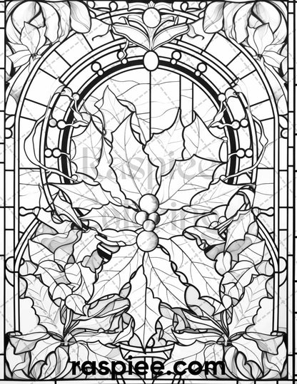 50 Christmas Stained Glass Grayscale Coloring Pages for Adults, Printable PDF File Instant Download