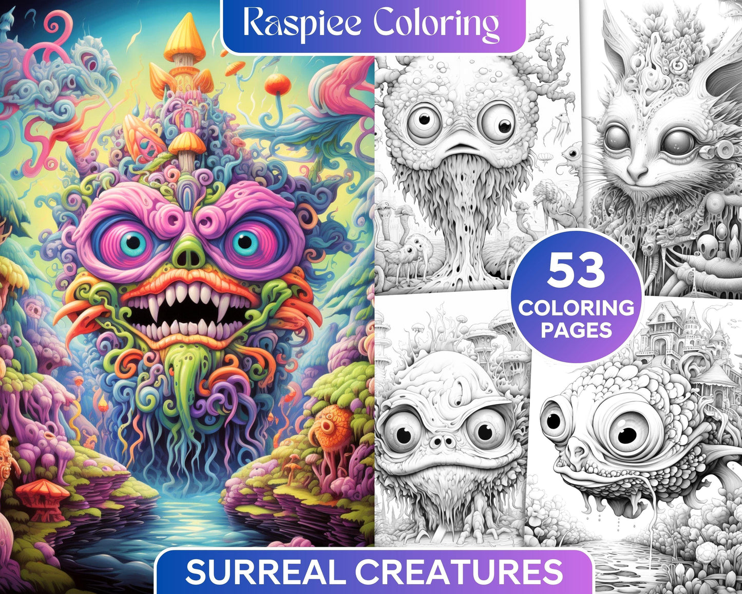 53 Surreal Creatures Grayscale Coloring Pages for Adults, Printable PDF File Instant Download
