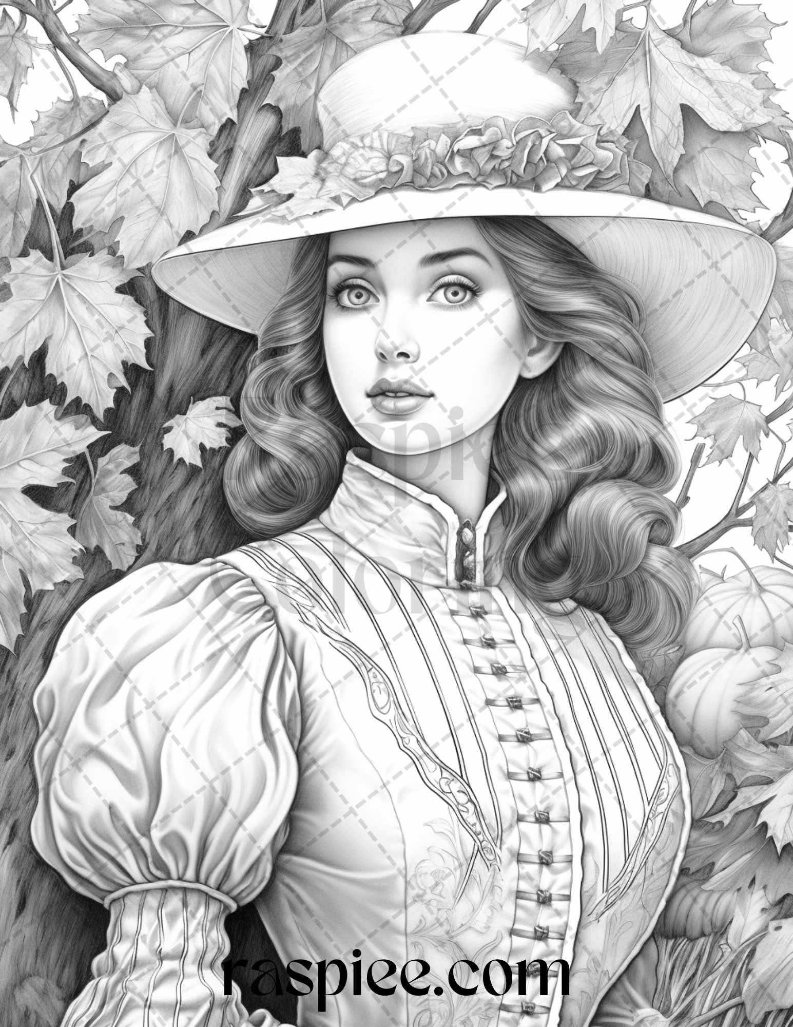 60 Victorian Autumn Portrait Grayscale Coloring Pages Printable for Adults, PDF File Instant Download