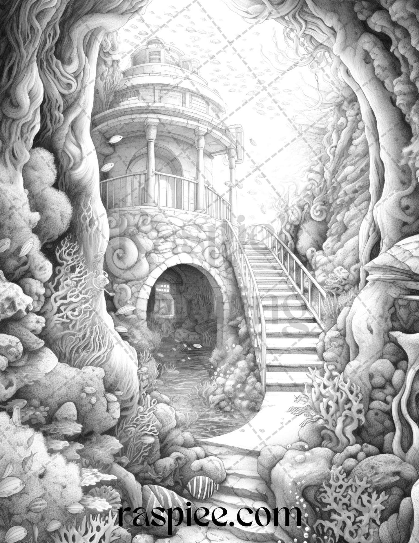 Ocean Life Grayscale Coloring Pages Printable for Adults Relaxation and Creativity, PDF File Instant Download