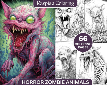 66 Horror Zombie Animals Grayscale Coloring Pages Printable for Adults, PDF File Instant Download