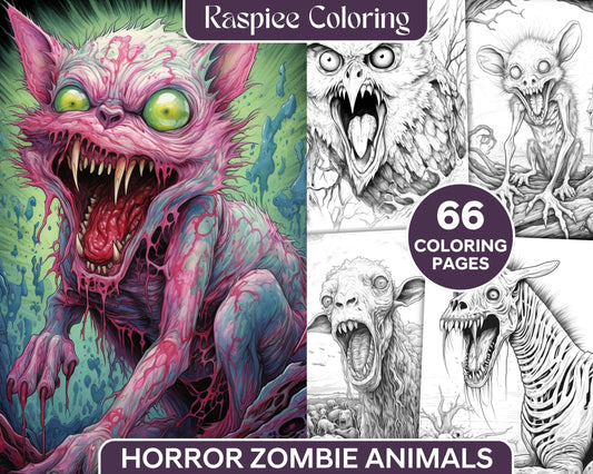 66 Horror Zombie Animals Grayscale Coloring Pages Printable for Adults, PDF File Instant Download