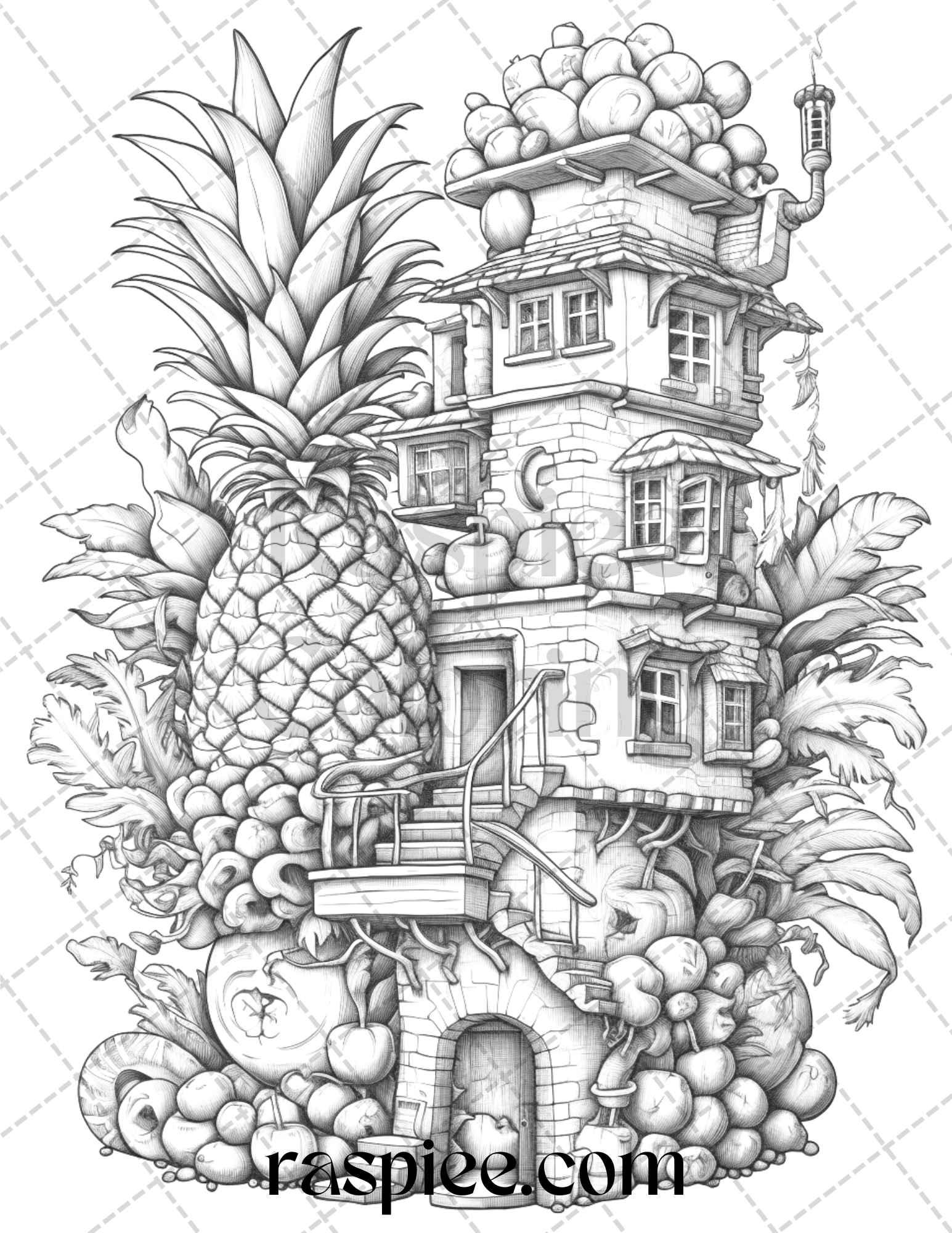 50 Pineapple Houses Grayscale Coloring Pages Printable for Adults, PDF File Instant Download