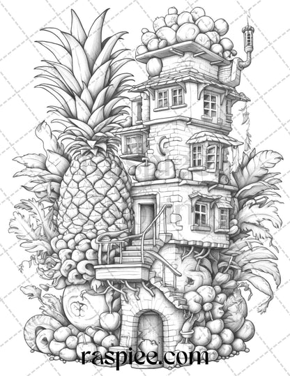 50 Pineapple Houses Grayscale Coloring Pages Printable for Adults, PDF File Instant Download