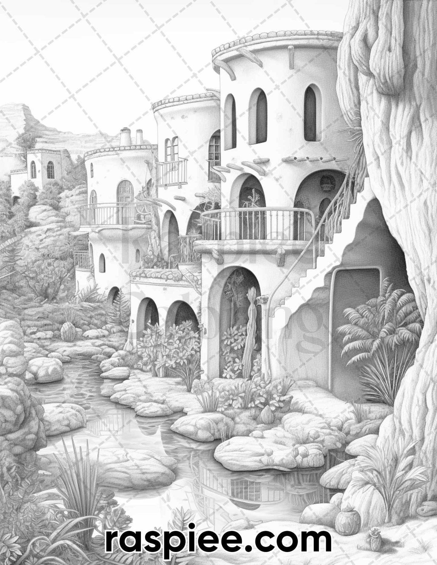 55 Desert Oasis Fairy Homes Grayscale Coloring Pages for Adults, Printable PDF Instant Download