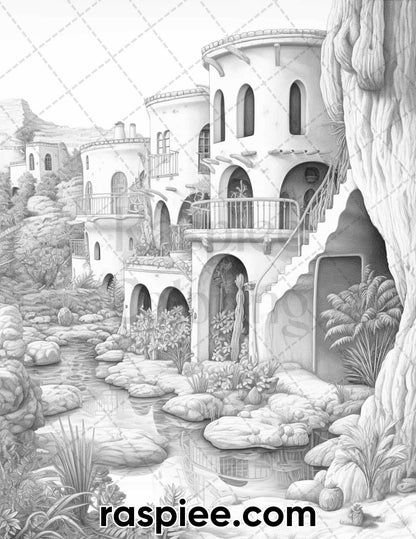 55 Desert Oasis Fairy Homes Grayscale Coloring Pages for Adults, Printable PDF Instant Download