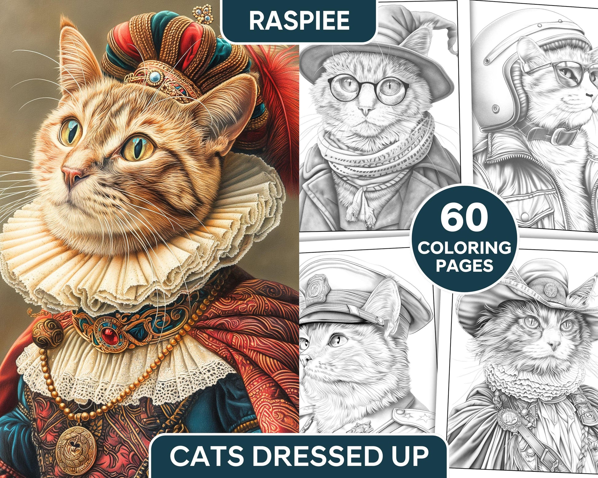 60 Cats Dressed Up Adult Coloring Pages Printable PDF Instant Download