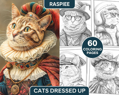 60 Cats Dressed Up Adult Coloring Pages Printable PDF Instant Download