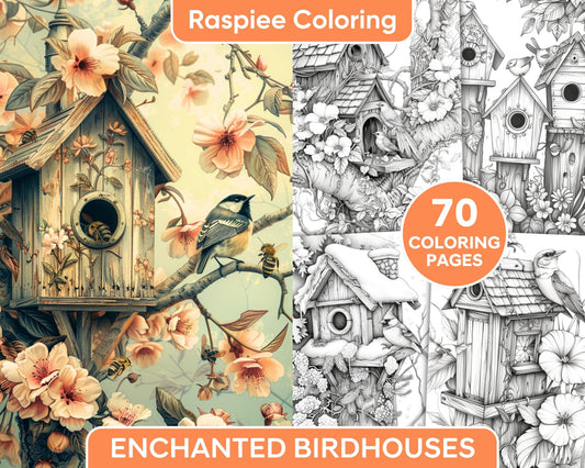 70 Enchanted Birdhouses Grayscale Adult Coloring Pages, Printable PDF Instant Download