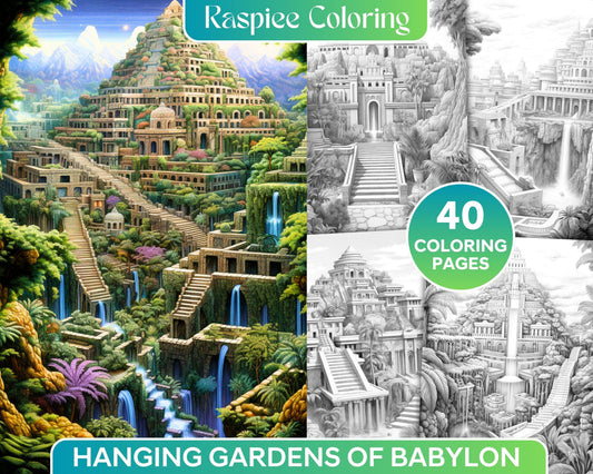 Hanging Gardens of Babylon Grayscale Coloring Pages Printable, PDF File Instant Download